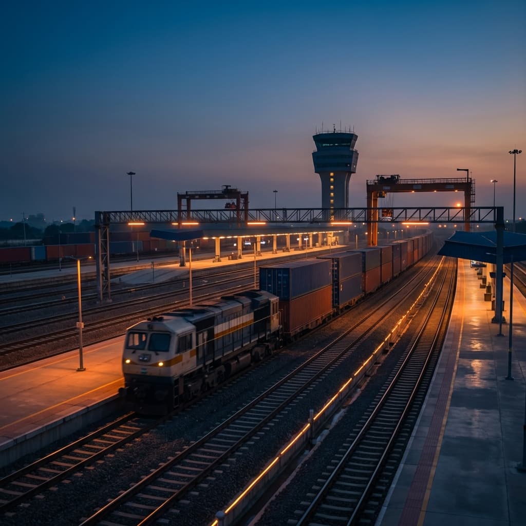 Freight train carrying containers for rail cargo delivery across India.