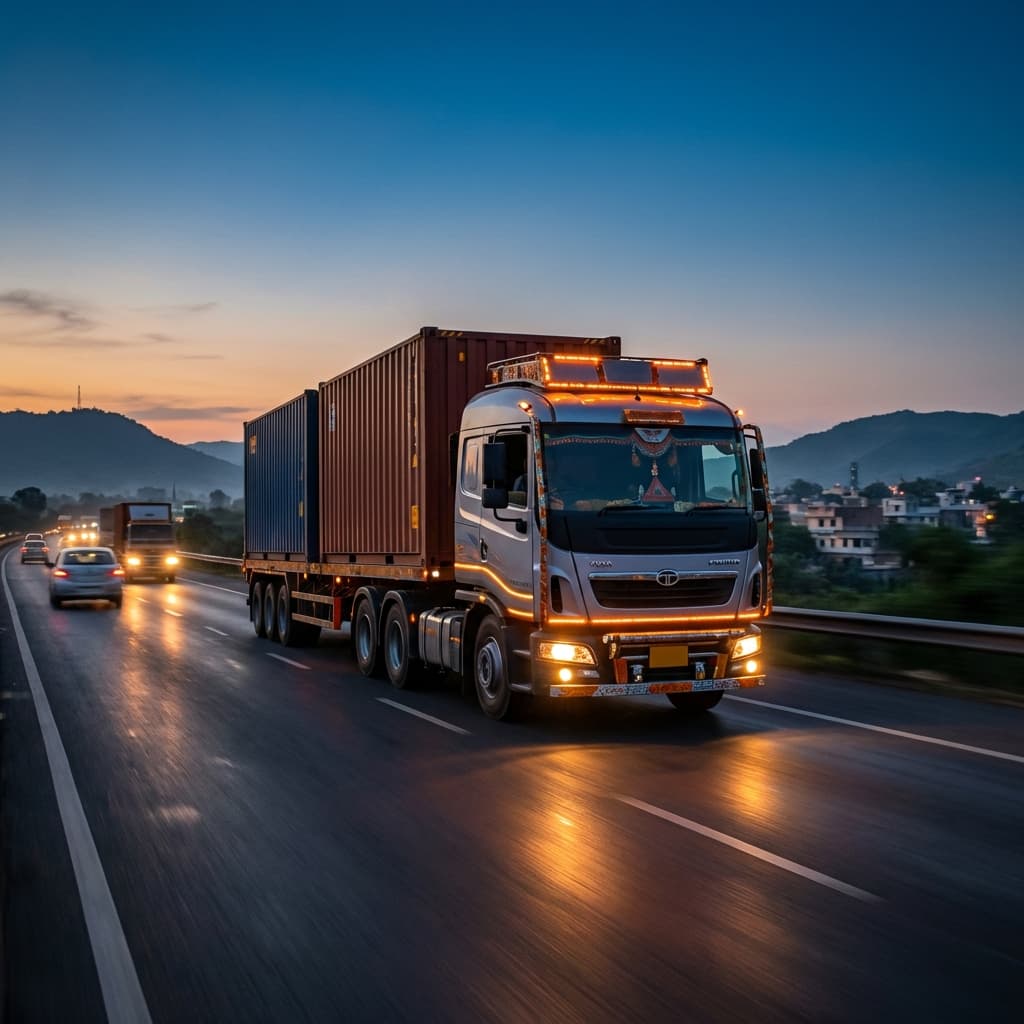 Truck and trailer moving freight on Indian highways for fast road logistics.